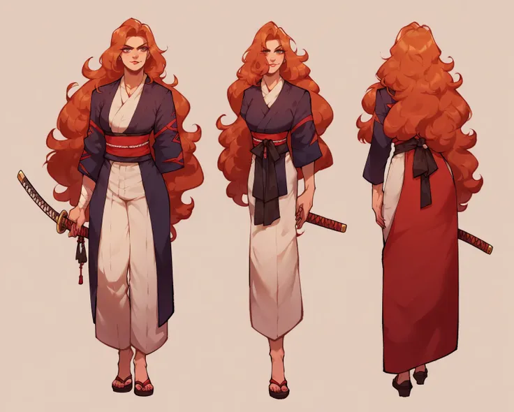 suit, katana, modern samurai, woman, long hair, character sheet, 
