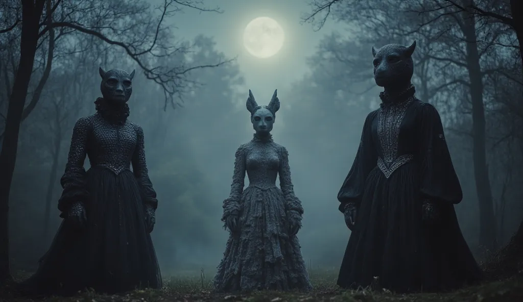 Three guardian monsters are lined up in a clearing of thick fog, each with a unique appearance. The first one has black scales that shine like metal under the moon. The second is covered in floating ash, wearing a broken black dress. The third has an exces...