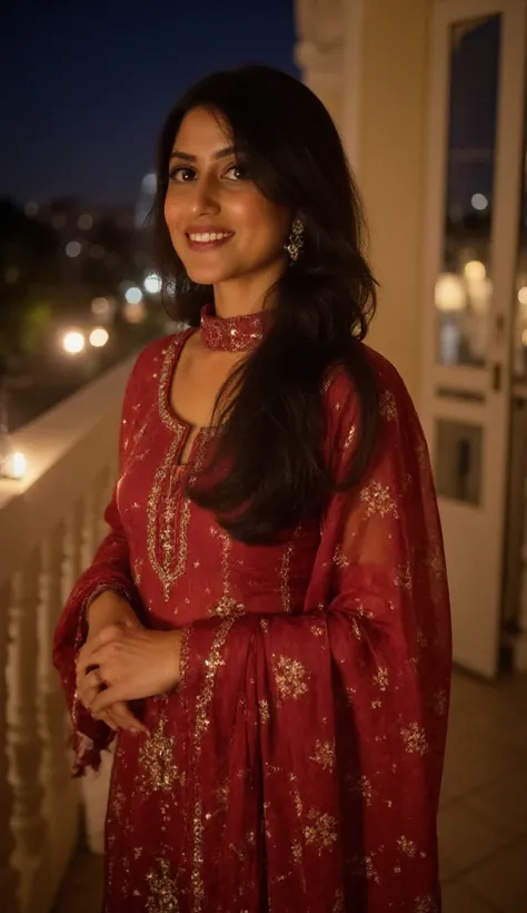 Indian woman standing in balcony on diwali night and wearing a ethnic kurta, High Resolution, 16K, Black Hair, High Resolution, Masterpiece, Anatomically Correct, Award Winning, Textured Skin, Realism, (full body portrait)