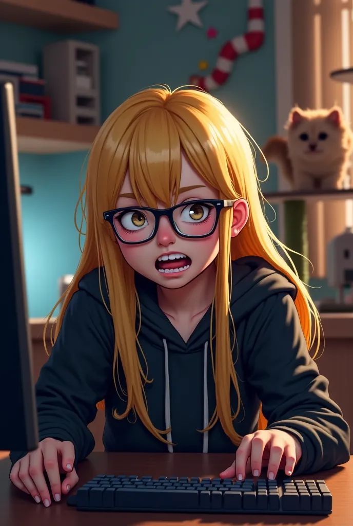 age girl with long blonde hair and brown eyes and glasses sitting at a desk playing a pc game with a mad expression, in a black hoodie, the background being a modern looking small room with a cat on a cat tree