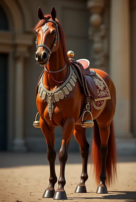 A brown horse dressed elegantly 