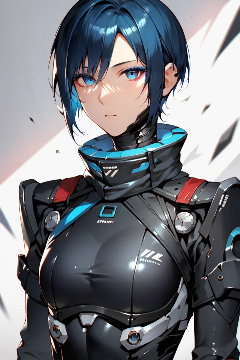 One woman, mature, anime, female anime character, black hair, blue eyes, blue eyeliner, expressionless, black short hair swept over left eye, sharp face, small chest, black slim mechanical body frame, a black jacket,a black fastened scarf,mechanical neck, ...