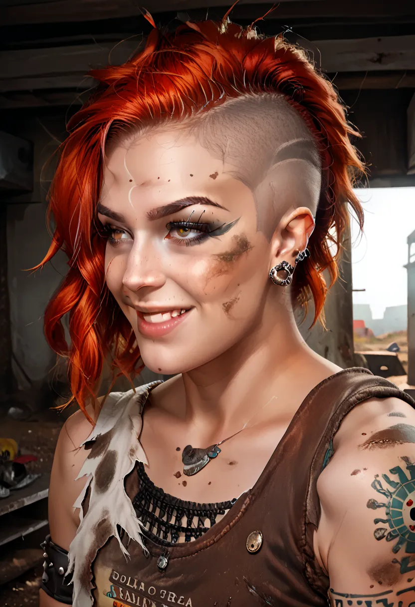 ((( whole body ))), master part, best quality , super detail , 8k, beautiful woman, Tank Girl com cara de maluca, mischievous smile , whole body, redhead Asymmetric Undercut Haircut hair, punk girl, post-apocalyptic world, (( of the tank )), nijistyle, tor...