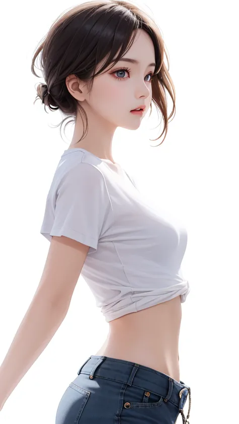 Pretty girl. So cute, round face. Lonely, thin, medium breasts, short and small. smooth skin. Plain white t-shirt. shorts. Dynamic Poses. dynamic angle. no background, white background, looking at the audience