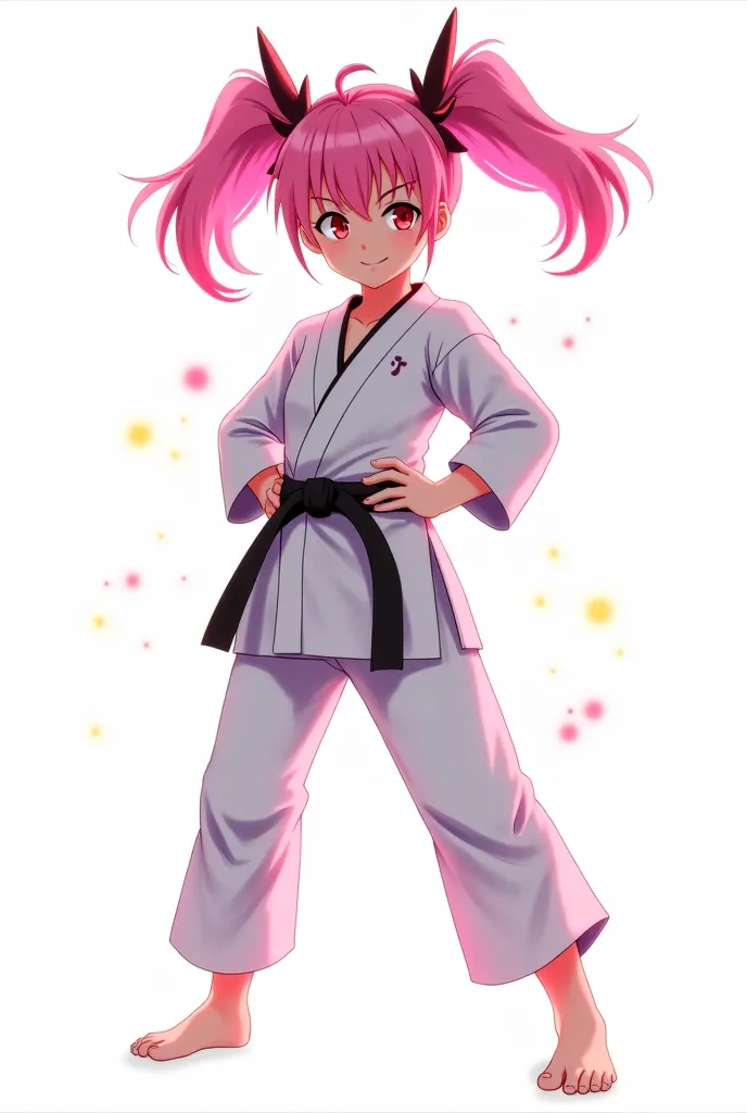 Anime girl, pink pigtails, karate gi, plain white background , full body , Oni demon , genshin impact 