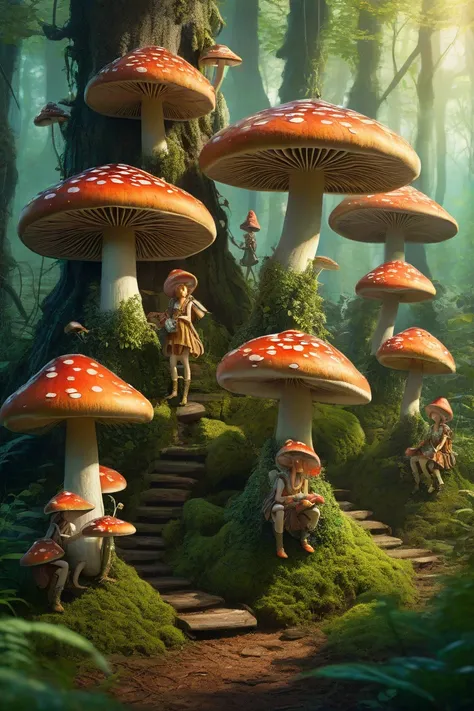 Mushroom people planting trees in the forest mtg art