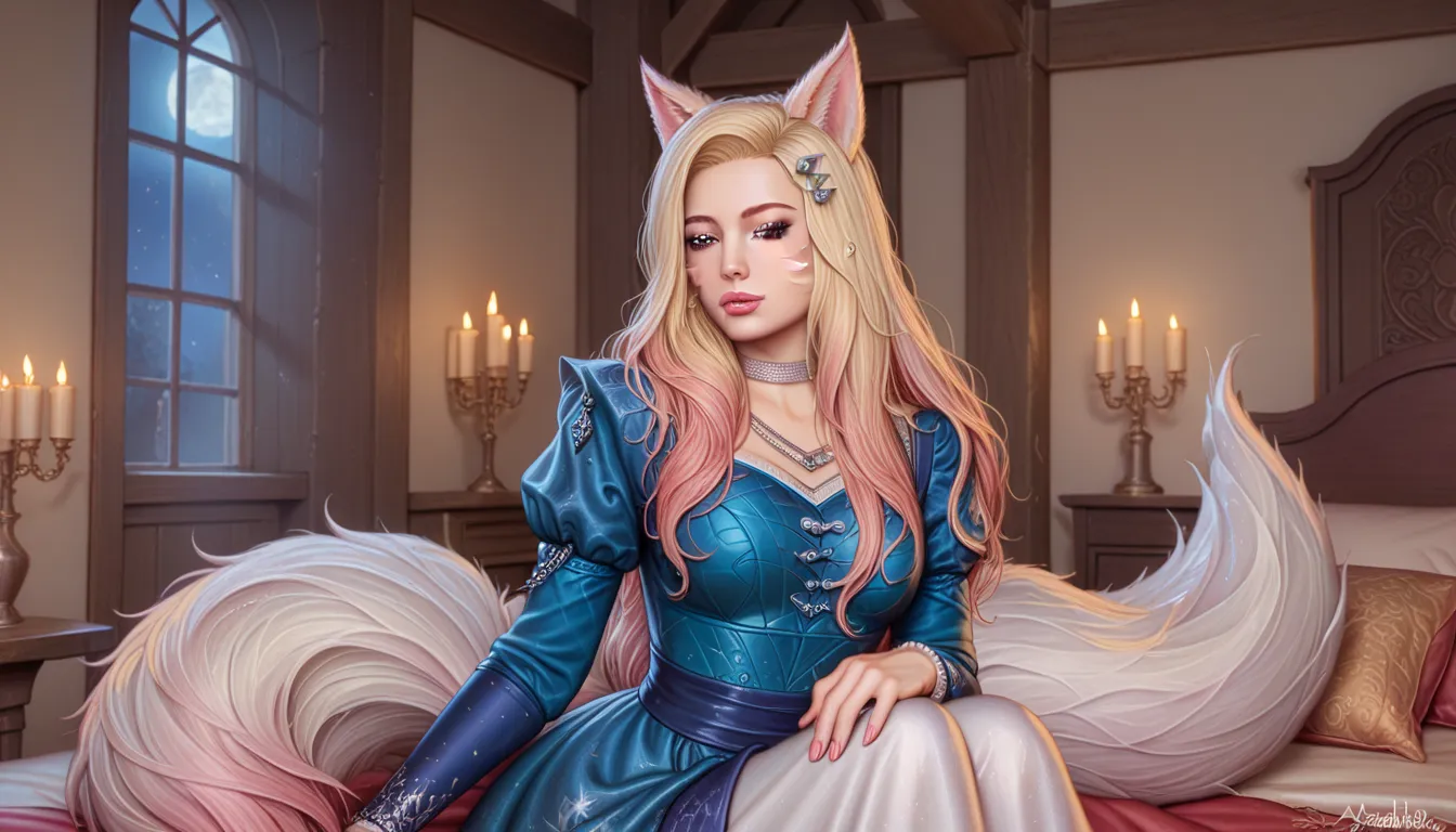 when is today,  fluffy tails, shabby Ahri, pretty tired Ahri, dressed, but her hair is shabby, clothes are crumpled, ahri tired,  is worth, at night, medieval style