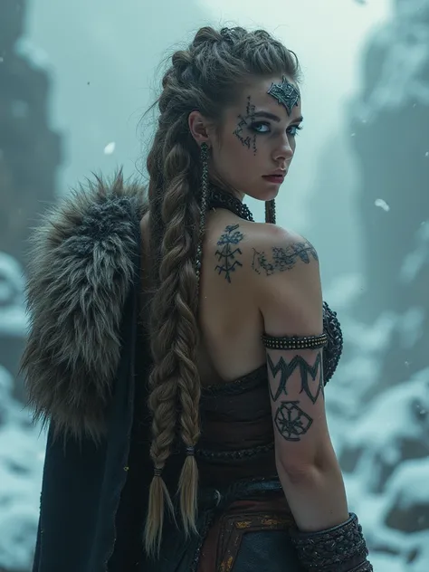 in snow, fullbody busty TOPLESS young  huge breasts, looking back, nipples, barbare viking, (viking tribal make-up), viking ornaments, viking fur cape, viking frontal jewelry, blurry and messy braids hair, big boobs, huge boobs, intricate art, viking dream...