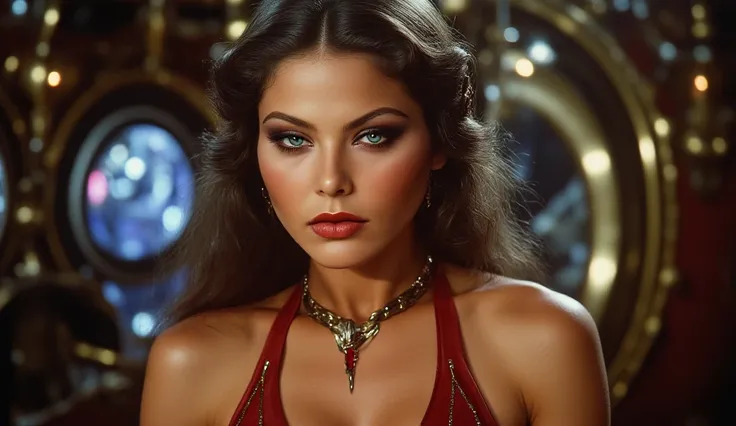 A close-up of Princess Aura, resembling Ornella Muti long straight hair , dressed in a tight red catsuit with gold accents, exuding confidence and power. Her makeup is styled just like in *Flash Gordon*, dramatic with bold lashes and a sultry look. She sta...