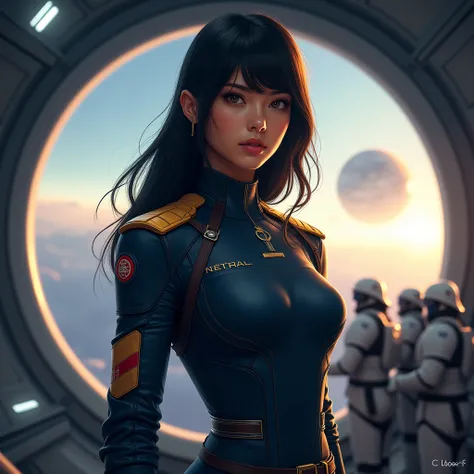 A young female officer in a futuristic space station, standing confidently in front of a large circular window overlooking a breathtaking view of space with a planet partially illuminated by the sun. She has long, shoulder-length black hair, naturally stra...