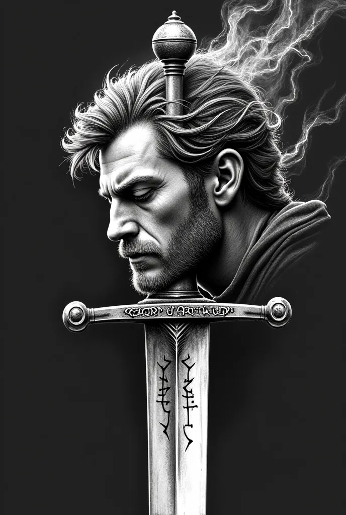 tattoo design, Arthur Pendragon's head transpierced by Excalibur sword with the words "MORT D'ARTHUR" on the blade, gothic, gritty, black and white drawing