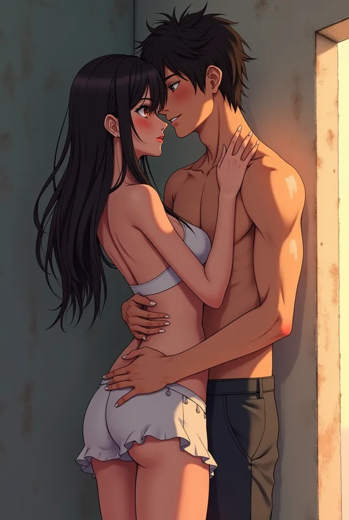 The sexiest anime girl with mini-skirt and a boy are kissing each other in front of the wall sexy.