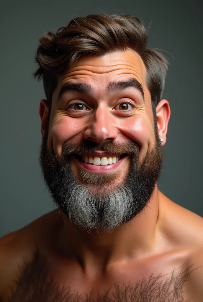 A man with an aquiline face, brown hair in front of smooth, cheerful eyes, well-proportioned curved nose, silver beard, large mustaches, small mouth with only six teeth, brown skin, heavy back and no left arm.