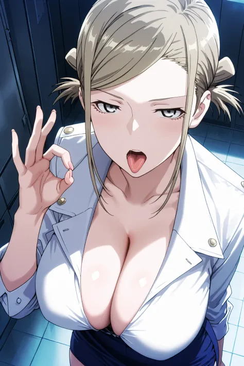 masterpiece, best quality, very aesthetic

awashima seri, short hair, blonde hair, parted bangs, short twintails, sidelocks, hair ornament,large breasts, white shirt,blue skirt, pencil skirt,nsfw,fellatio gesture