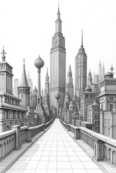 City view perspective drawing with clear and magnificent lines in black and white. 