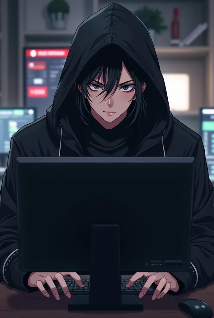 Make me a picture of a handsome anime guy wearing mysterious black clothes and having black eyes, his face showing and in front of him a computer and behind him some things showing that he is a successful trader