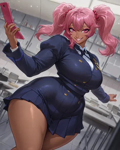 best quality, masterpiece \(quality\), L0LSPL4SH, year2024, year2023, West Studio, sixmorevodka, 1girl, ((wide hips)), Pink hair, hair pins, ((long hair, twintails)), ((Jujutsu sorcerer uniform)), navy blue skirt, short skirt, (jacket long sleeves), navy b...