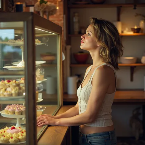 A full-body portrait of a woman standing inside a cozy pastry shop filled with warm light and the aroma of freshly baked goods. She’s dressed in a chic, casual outfit, and her hair is styled effortlessly. As she gazes at a beautifully decorated cake in the...