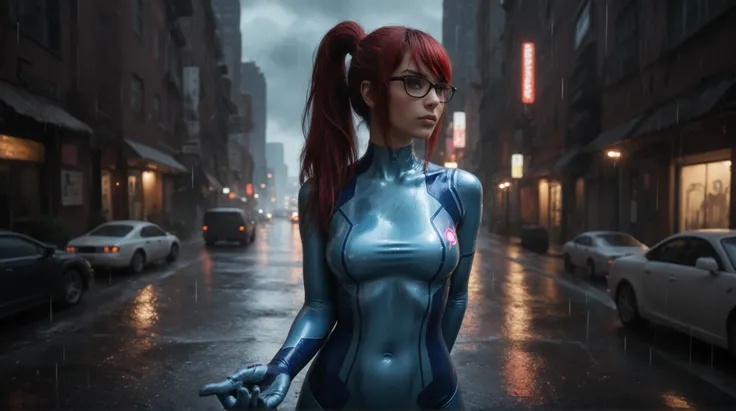 Ella Purnel with dark red  hair, bangs, glasses dressed as zero suit samus cosplay with gloves in post-apocalyptic city street,  dark stormy night