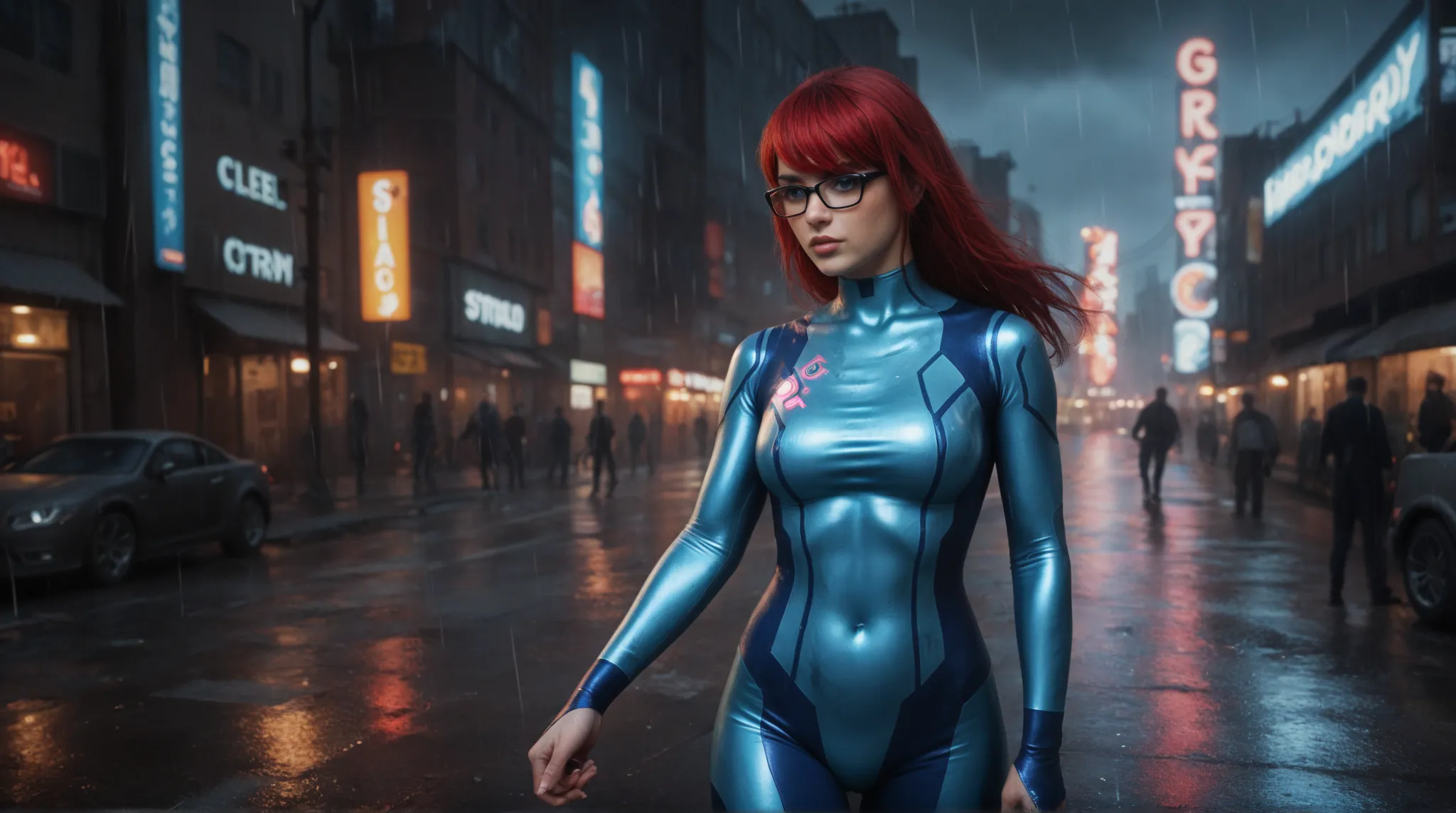 Ella Purnel with dark red  hair, bangs, glasses dressed as zero suit samus cosplay with gloves in post-apocalyptic city street,  dark stormy night