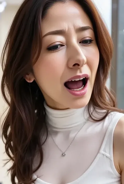      beautiful brown-haired woman shouting   ,     randomly draws the face of a woman who has experienced an intense orgasm , ((白いノースリーブタートルneckドレス)) , ((    orgasm from chest  、  bound to her head and screams    )) ,   close-up      , (    8K HD  :0.8),  ...