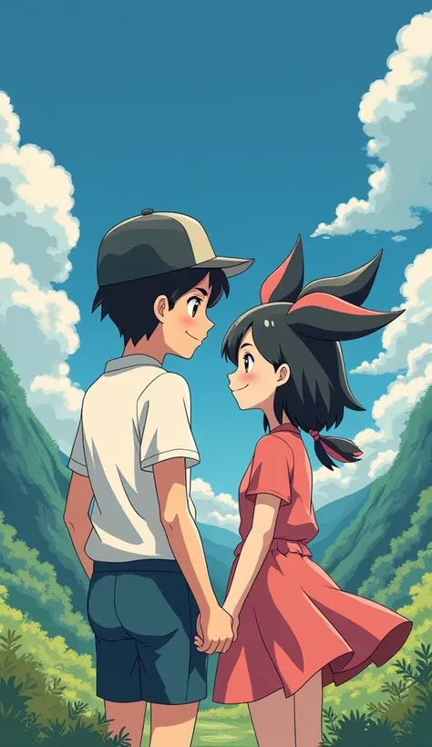 Create a full art Pokémon illustration of a couple the pale-skinned male boy, black hair, honey-colored eyes and black cap and the girl woman medium skin, black hair medio corto con fleco como si estuvieran en una aventura con un sylveon 