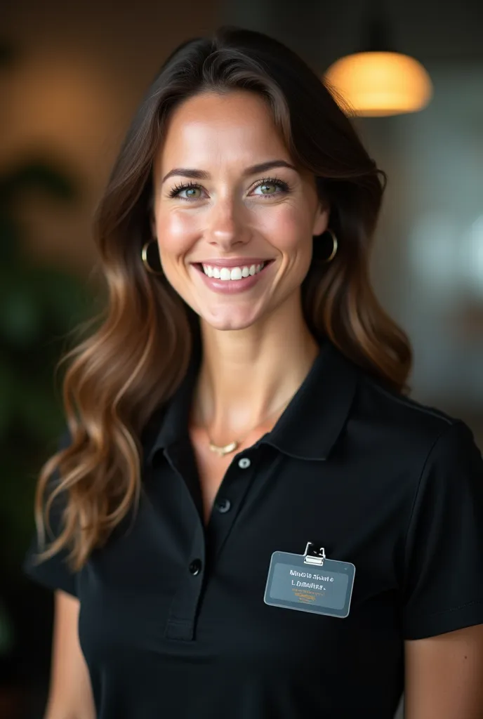 a woman with green eyes and brown hair, wearing a basic black polo shirt, she is wearing a company badge and is smiling. photo taken by canon, photo taken by fuji, photo taken by kodak + amazingly detailed, sharpness, details + professional lighting, film ...