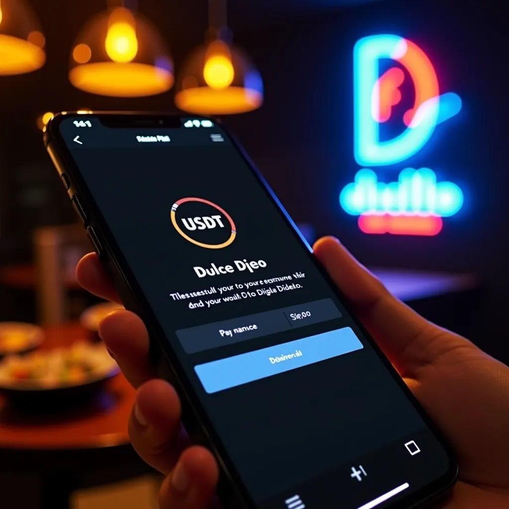 A mobile phone showing a digital wallet with a USDT balance. The screen shows a successful payment to Dulce Diablo.  In the background, a table with food served and a neon with the restaurant's logo standing out between dark and modern tones.