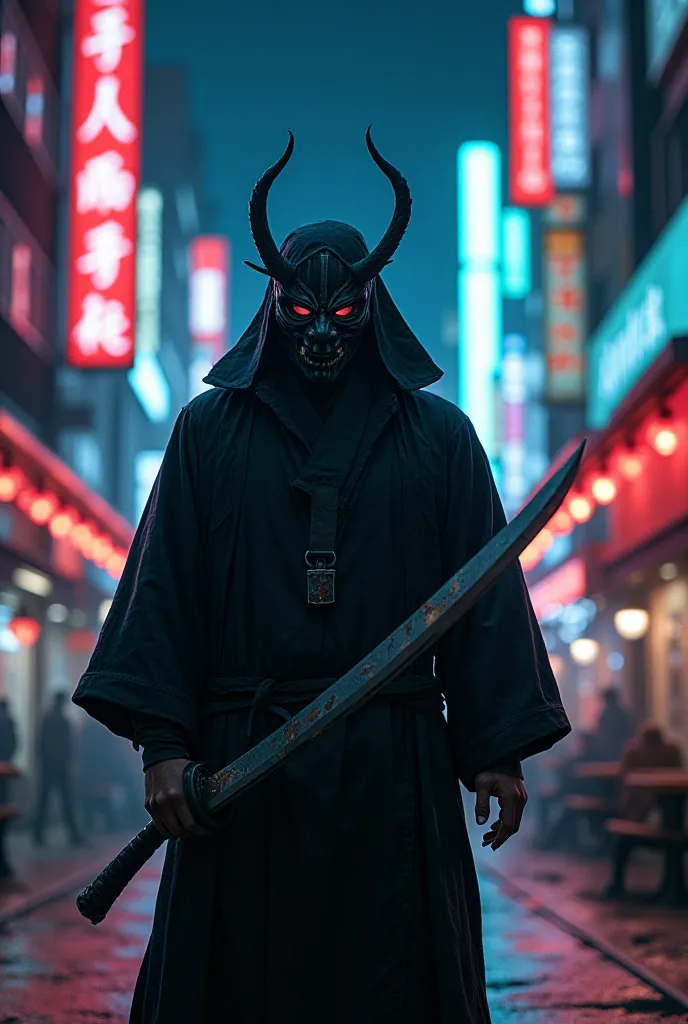 A man standing on a neon lit street of Tokyo holding a katana and wearing a broken oni mask