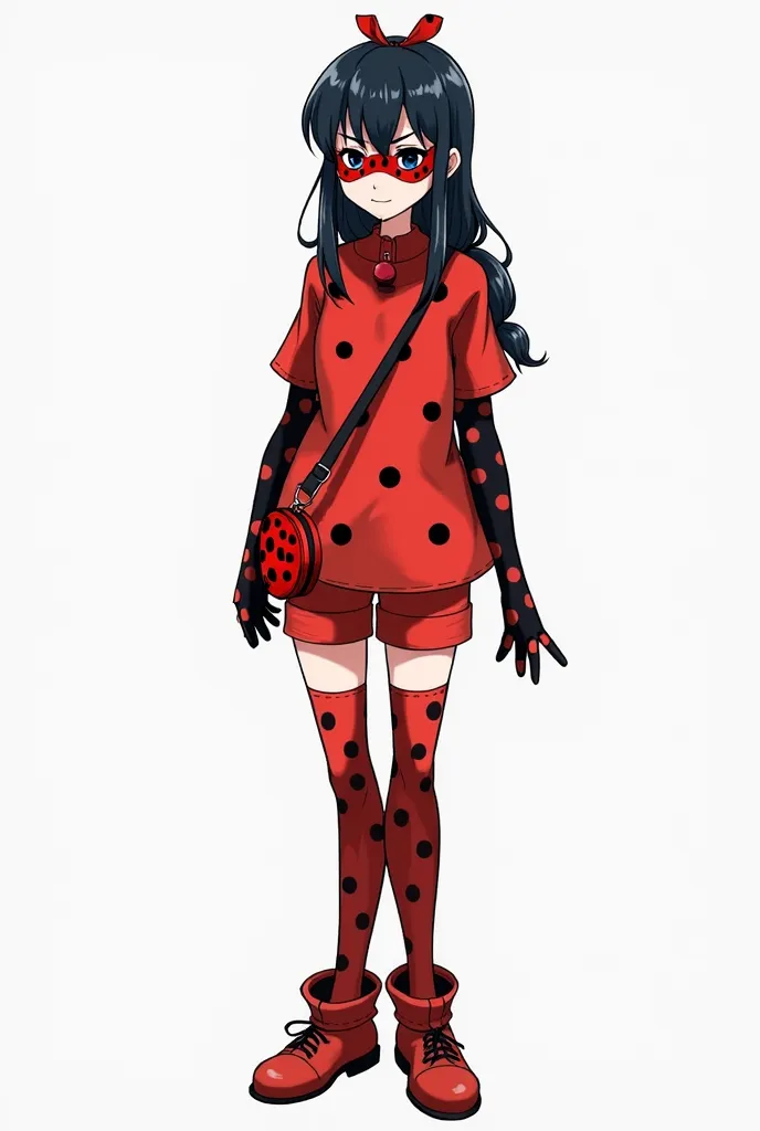 She generates an image with the following characteristics:
The image shows a character with a design inspired by a ladybug. Her clothing is mainly red with black dots and has a stylized appearance. She wears a short-sleeved blouse with a loose design, the ...