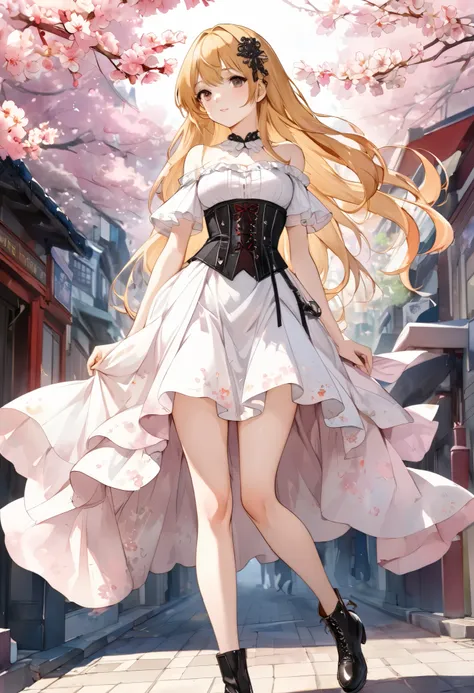 (((nsfw)))、 (((watercolor))), (((gothic))),      A woman standing on a street with cherry blossoms blooming  、  Seductive scene   ,    Decorate with a hair ornament   、     The pose is medium length    ,    Wavy golden hair ..。.。Super mini skirt with frill...