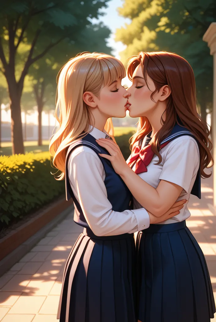 Two women in school uniforms kissing 