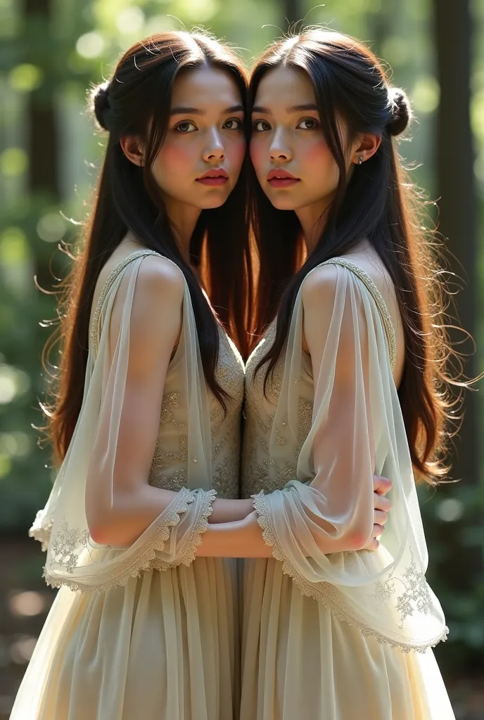 Two 22-year-old twin sisters, high (1.80 m), with slender and harmonious figures, highlighting a natural elegance. They possess an ethereal beauty, with identical faces with delicate features and deep gray eyes. Her long hair, straight brown hair falls in ...