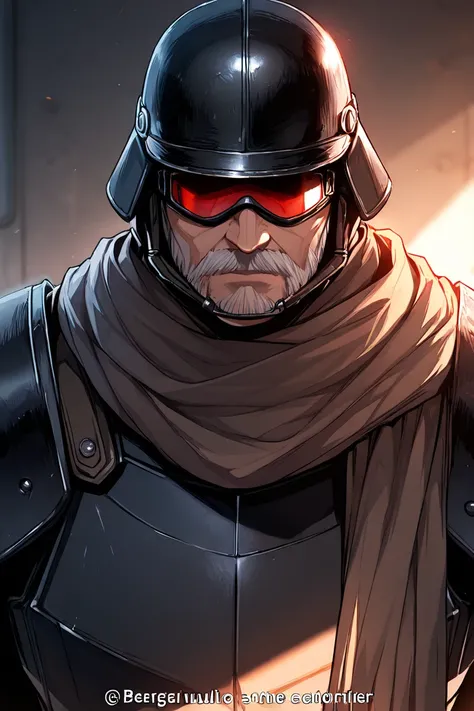 a character wearing a black military helmet and a scarf that covers his face, Red Googles and simple armor made of black Kevlar plates