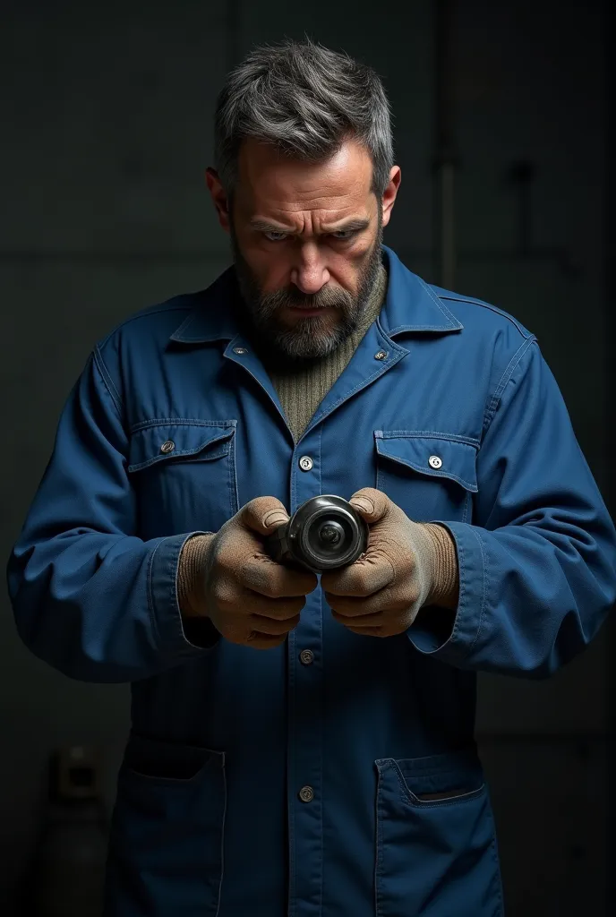 A man working in gloves and a solid, a blue work suit holds something in his hands at full length on a dark background