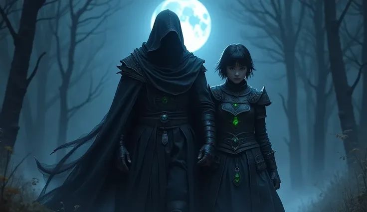 A warrior cloaked with a cape made of dark energies, underneath the cloak he has a black light armor, a girl with dark short hair and green eyes, she has light rogue armor, walking together, night time, medieval fantasy, moon shines dark blue