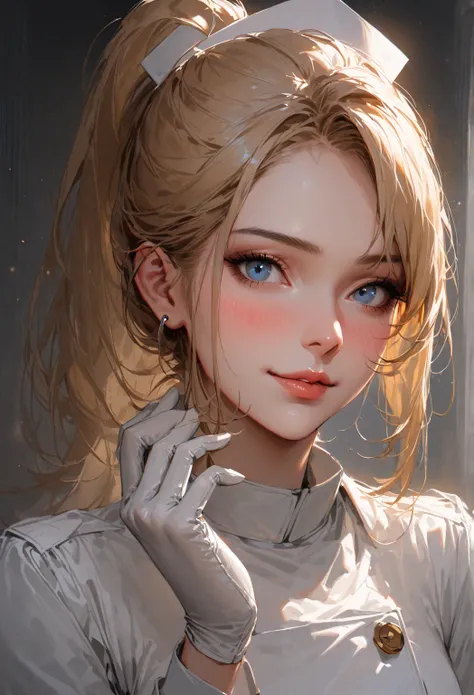 (masterpiece), best quality, perfect face, (Short tight medical gloves), perfect eyes, 18+, glasses, (( white nurse uniform)), evil eyes, smile, blush, blonde hair, short ponytail, 1girl, stockings, blue eyes, simple background, (clean head), (short gloves...