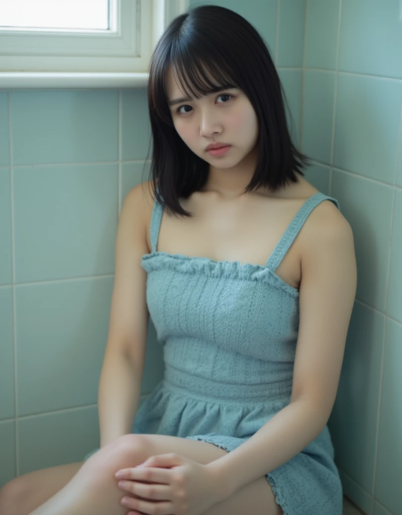 The image is a portrait of a young woman sitting on the floor in a bathroom. She is wearing a light blue lace dress. She has semi-long straight hair with bangs, and she is looking directly at the camera with a serious expression. The background is a tiled ...