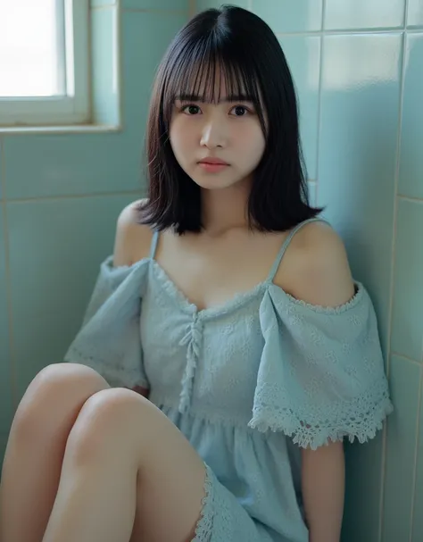 The image is a portrait of a young woman sitting on the floor in a bathroom. She is wearing a light blue lace dress. She has semi-long straight hair with bangs, and she is looking directly at the camera with a serious expression. The background is a tiled ...