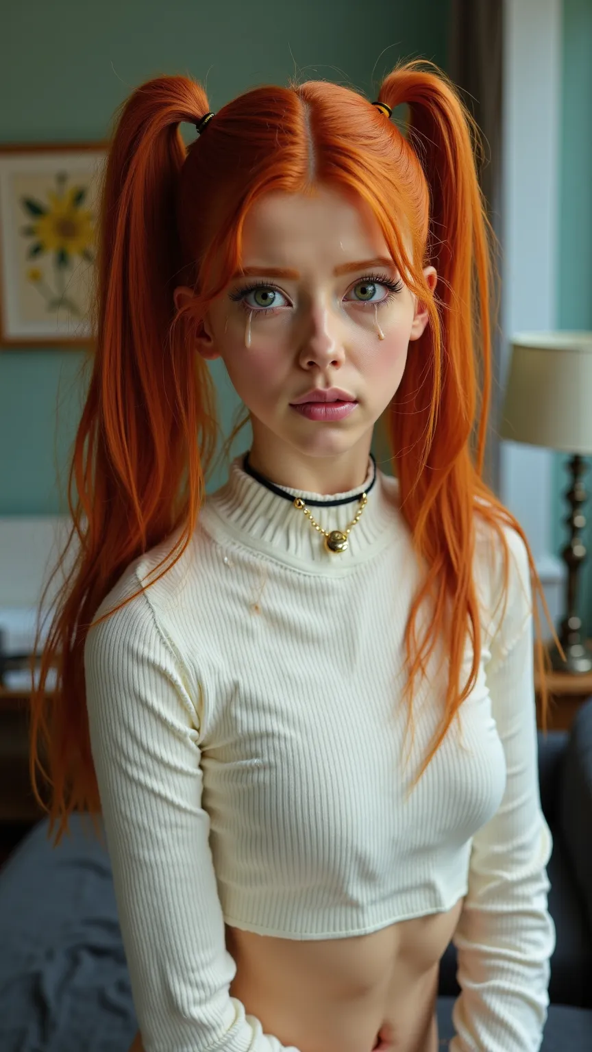 ultra realitic cinematic photo masterpiece, Highest quality, One  cumface european Russian  girl , alone, Are standing, Lips parted, Redhead, Twin tails, extremly long ginger hair, Bright green Eyes, Hair Scrunchie, Small perky breasts, View your viewers, ...