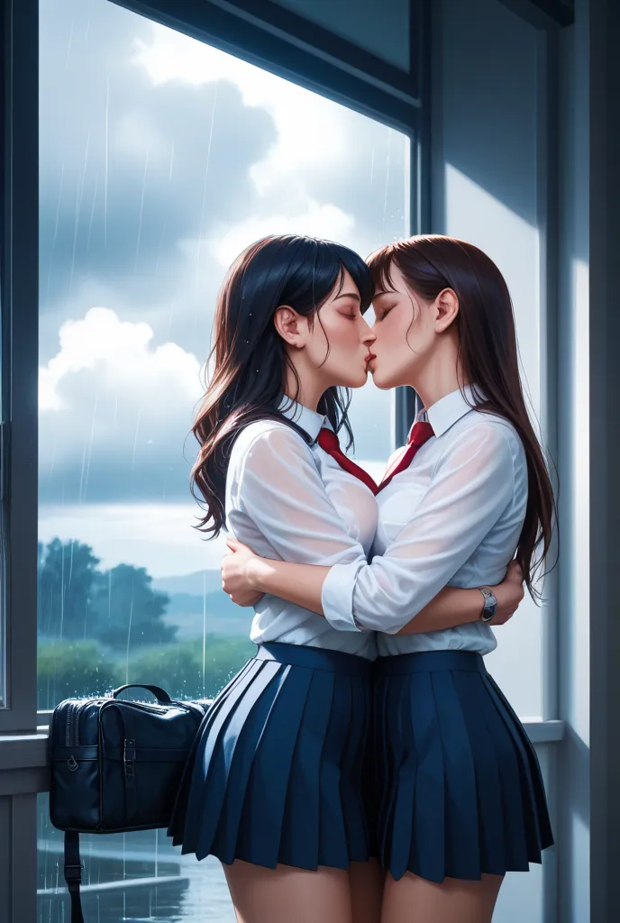 Two women in school uniforms wearing mini skirts and social busses kissing during the rain 