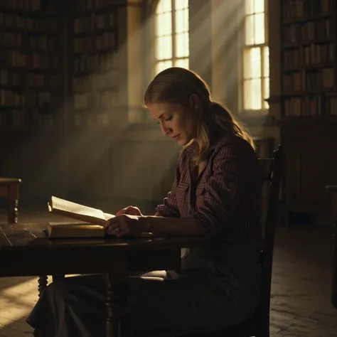 A full-body cinematic shot of a woman seated at an antique wooden desk in a vast, quiet library. Bathed in the soft, golden light streaming through tall, arched windows, she is deeply engrossed in a tattered, handwritten book. As she reads, her eyes sudden...