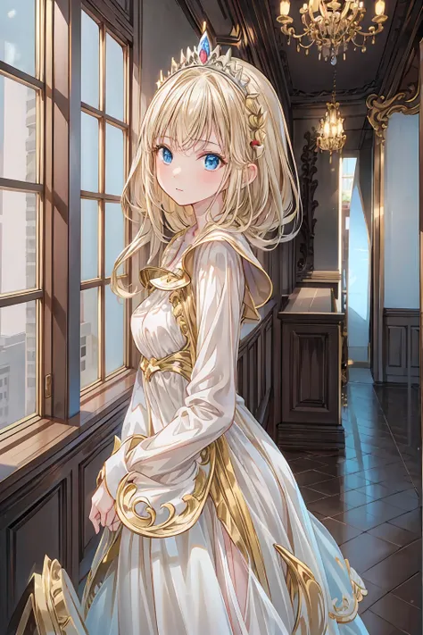  beautiful illustrations , Highest quality, cute girl, indoors, (princess), white dress, tiara, ( small), long blonde hair,  from side, city, cowboy shot