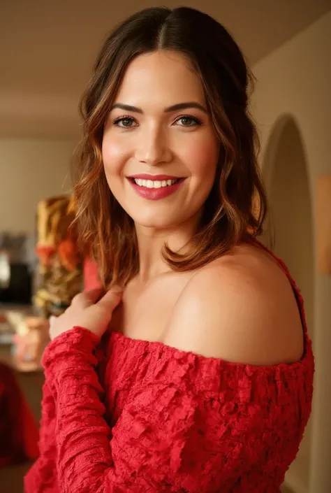 best quality, highres, 8k, masterpiece, photography, detailed midbody photorealistic portrait. Mandy Moore is dressed in a vibrant deep red qipao, a traditional color for Chinese weddings symbolizing good fortune. The fabric is rich red silk, with intricat...