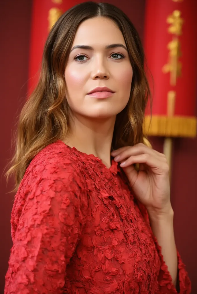 best quality, highres, 8k, masterpiece, photography, detailed midbody photorealistic portrait. Mandy Moore is dressed in a vibrant deep red qipao, a traditional color for Chinese weddings symbolizing good fortune. The fabric is rich red silk, with intricat...