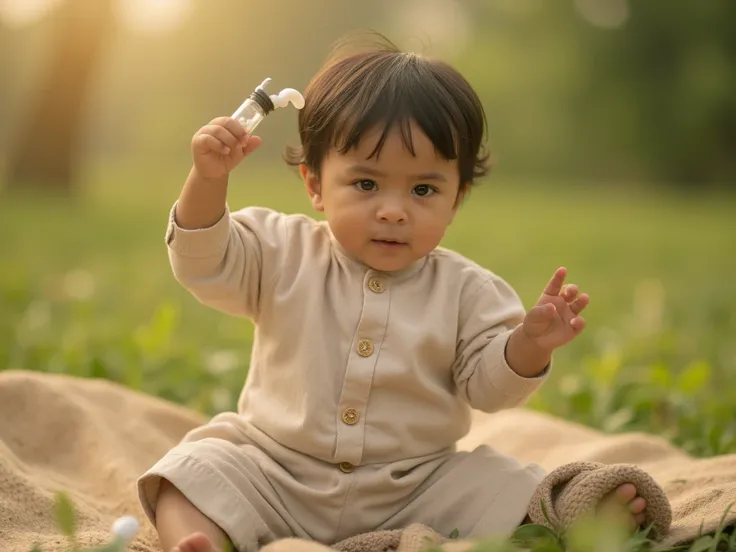 CINEMATOGRAPHER SHOOTS & CHOREOGRAPHED AN ADVERTISEMENT FOR homeopathy white big globules in a glass vial with a rubber stopper cap, healing aura, a superkid dressed by An international fashion designer brand,as an enchanted creative Indian  cute baby acto...