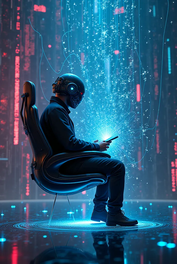 A futuristic programmer sitting in a floating chair, wearing a neural interface helmet, controlling quantum particles that form and collapse into intricate algorithms. The background is a digital void filled with shifting multiverse realities of different ...