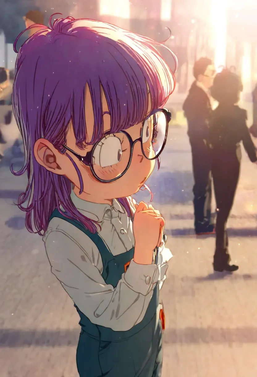 ultra detailed, absolutely resolution, masterpiece, highly detailed, sharp focus, vivid colors, soft lighting, cinematic composition, Arale-chan from Dr. Slump, tall and looks like a model, glasses, estimated to be 28 years old, is a hard-working career wo...