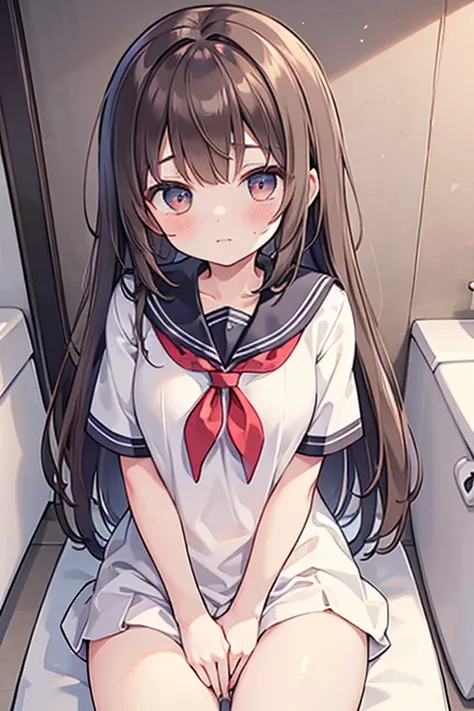  masterpiece、beautiful、Highest quality、high resolution、 anatomically natural ：1.6）　girl with long brown hair while sitting in the toilet　　 sailor suit　no panties　 dim room in the background　On the futon（ front map 、 touch your crotch：1.6）　During masturbati...