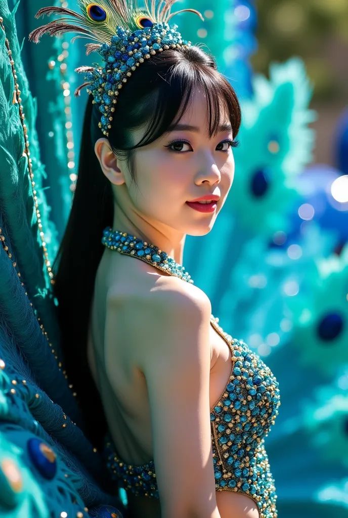 Full body angle on an avenue parading with a giant peacock float in bright blue-green tones with glitter and beautiful feathers and a Korean woman in front ,black hair hair tied shiny ponytail on the head to a crown with blue-green peacock feathers,bright ...